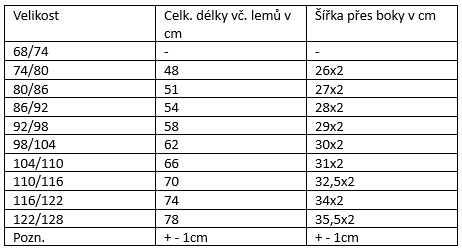 navlékací kalhoty velikosti
